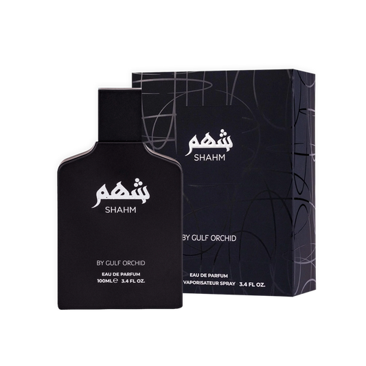 Parfum Shahm 100ml - Gulf Orchid. Flacon noir mat au design moderne et épuré, accompagné d'une boîte noire élégante ornée de motifs subtils et d'inscriptions blanches. Eau de parfum intense et masculine, idéale pour une fragrance sophistiquée aux notes boisées et orientales. Parfait pour une allure élégante et affirmée.