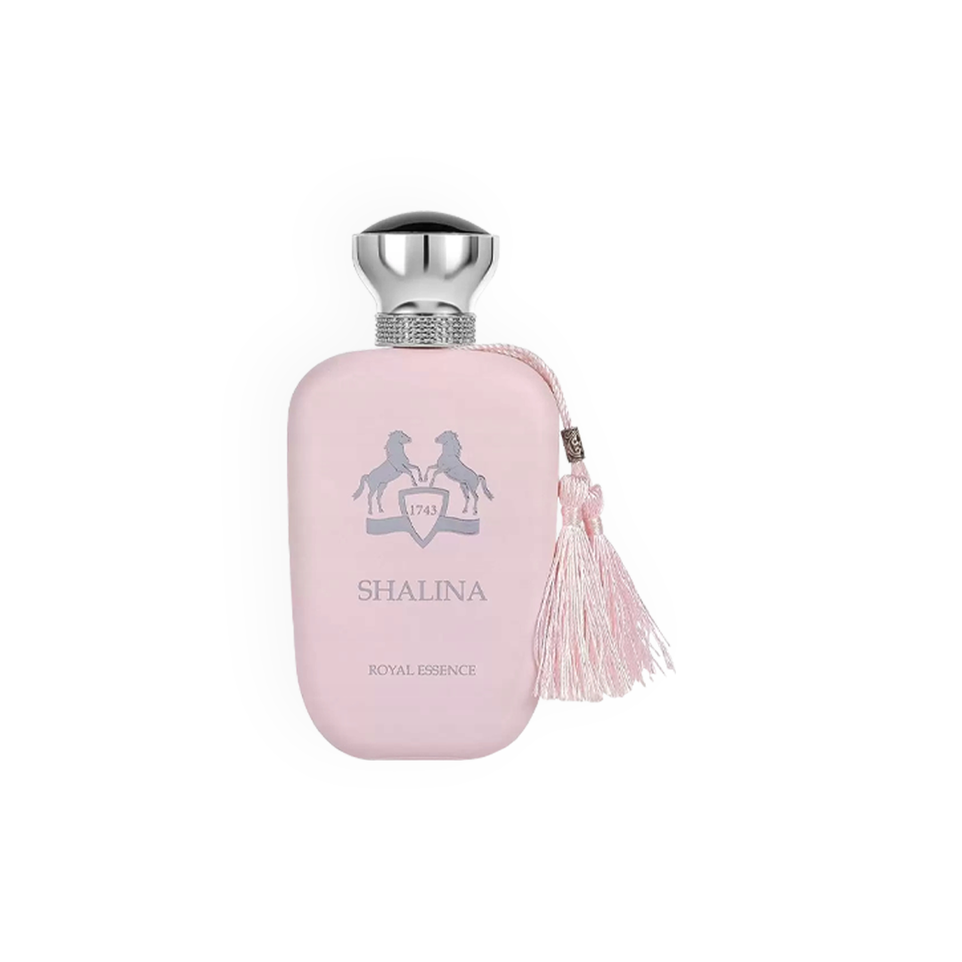 Bouteille de parfum Shalina Royal Essence 1983, 100ml, Fragrance World, design élégant rose avec des détails argentés et un pompon chic.