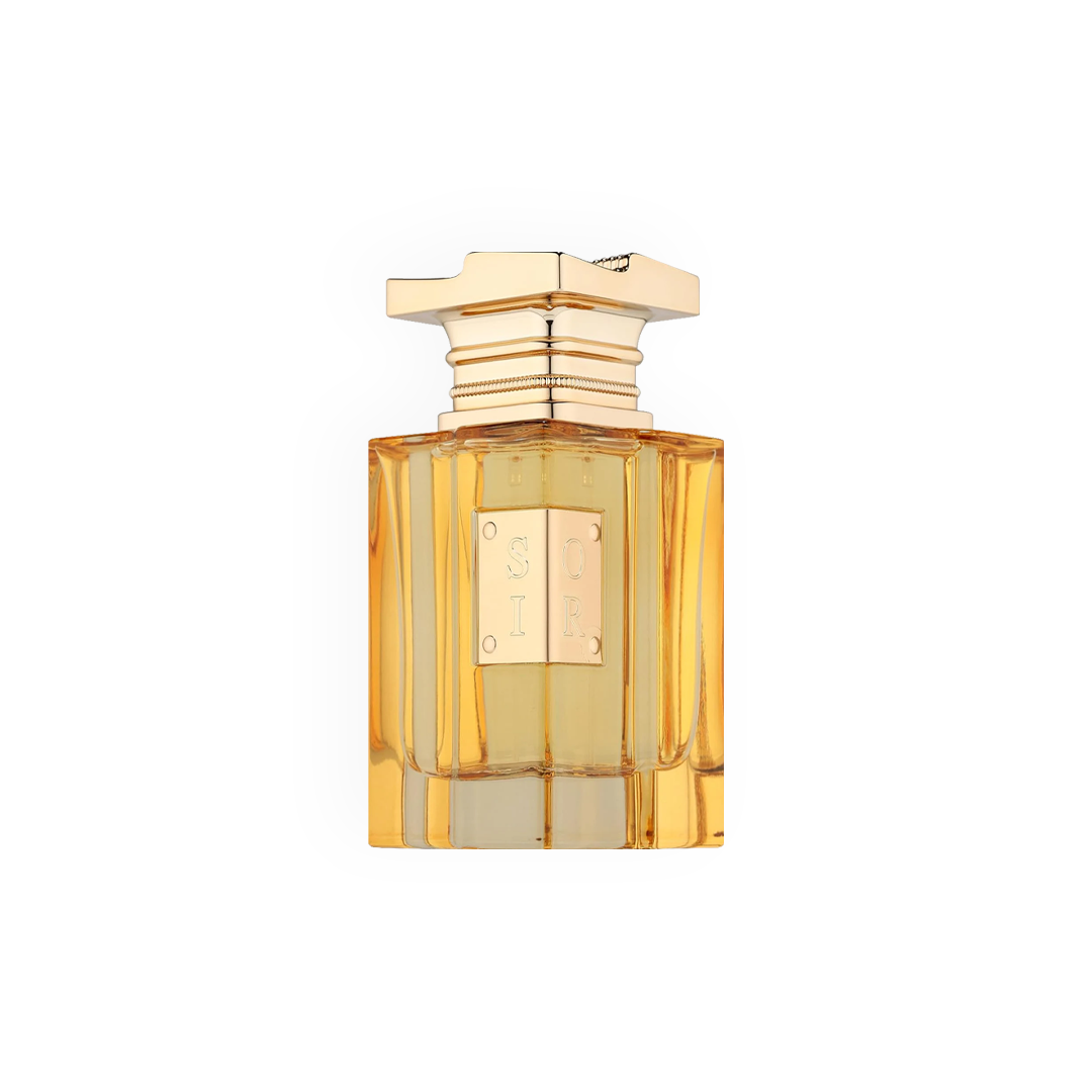 Eau de Parfum Soir 80ml - Fragrance World, un flacon luxueux avec une teinte dorée et une plaque métallique gravée sur le devant, reflétant une élégance intemporelle.