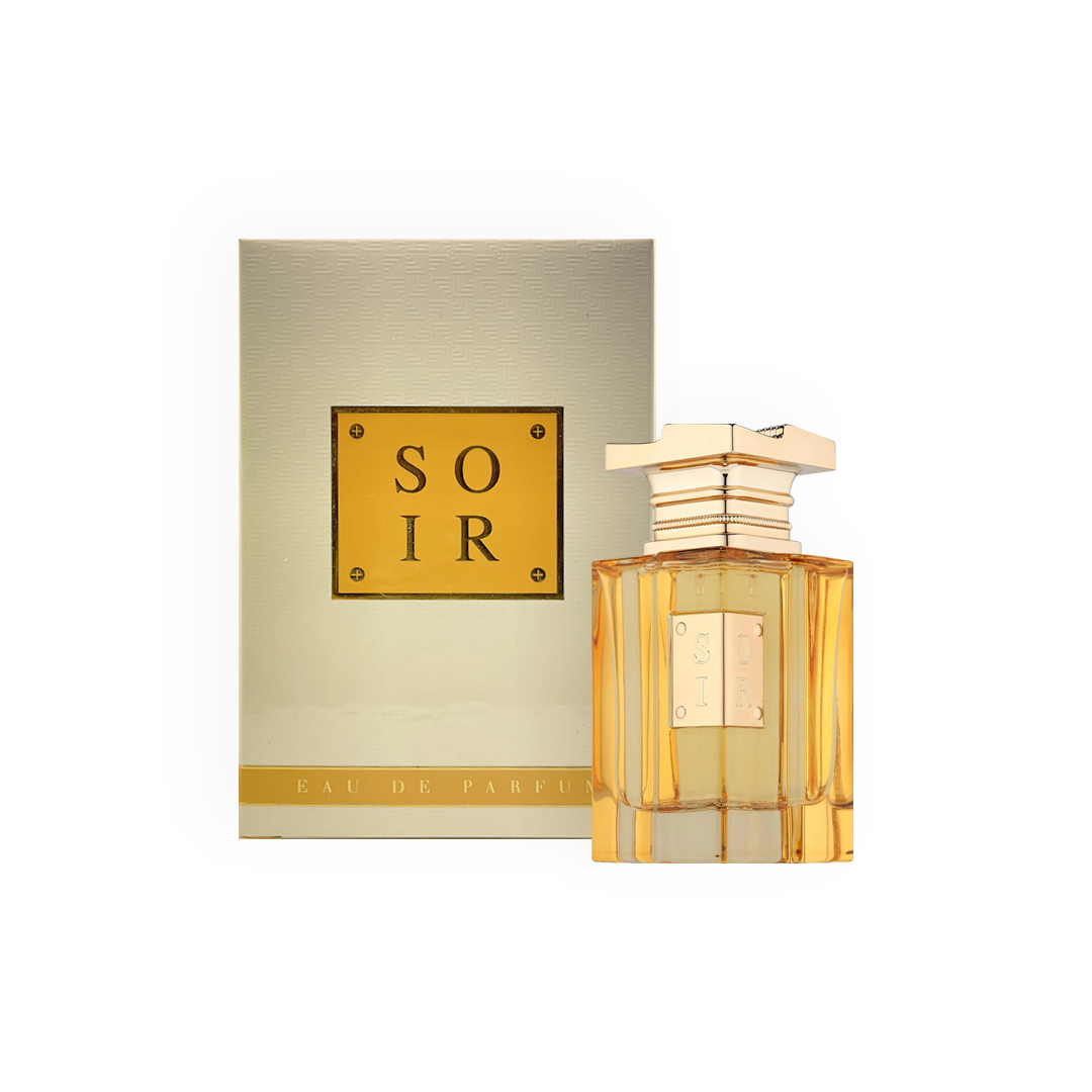 Packshot de l'Eau de Parfum Soir 80ml - Fragrance World, comprenant un flacon doré sophistiqué accompagné d'un coffret élégant, parfait pour les amateurs de parfums haut de gamme.