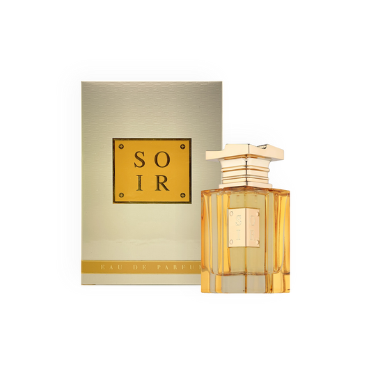 Packshot de l'Eau de Parfum Soir 80ml - Fragrance World, comprenant un flacon doré sophistiqué accompagné d'un coffret élégant, parfait pour les amateurs de parfums haut de gamme.