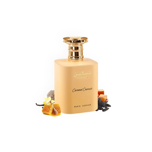 Flacon du parfum Taskeen Caramel Cascade 100ml de Paris Corner, avec un design beige raffiné et des notes gourmandes de caramel et vanille.