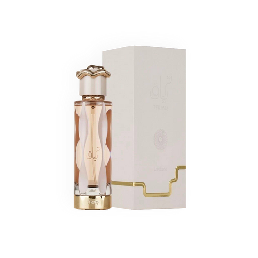 Eau de Parfum Dubaï Teriaq 100ml de Lattafa, présentée dans un flacon luxueux au design ondulé doré et blanc, accompagnée d'une boîte blanche élégante avec des accents dorés raffinés.