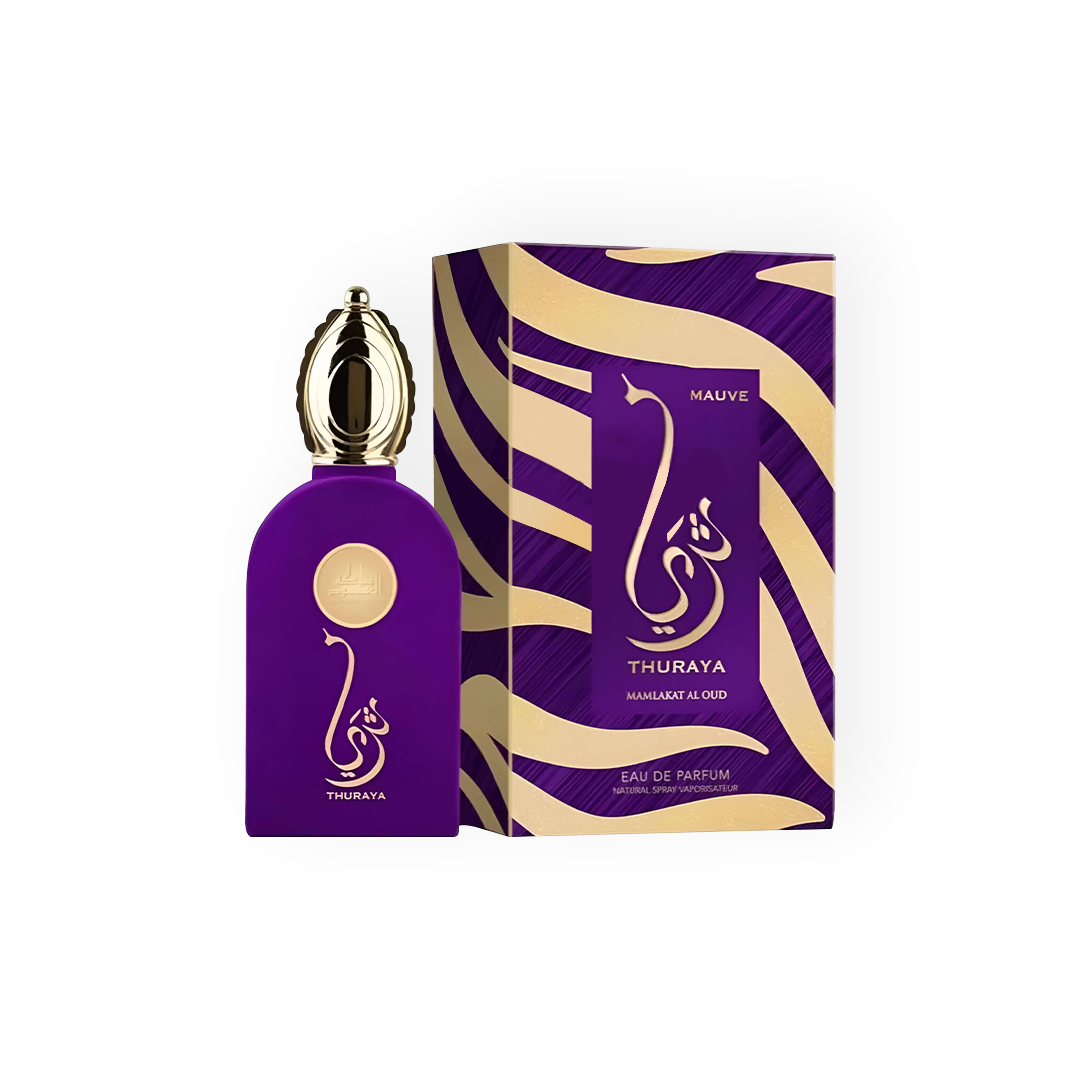 Flacon et boîte de l'Eau de Parfum Thuraya Mauve 100ml de Mamlakat Al Oud, une fragrance féminine orientale mêlant fraîcheur, fleurs et bois avec élégance.