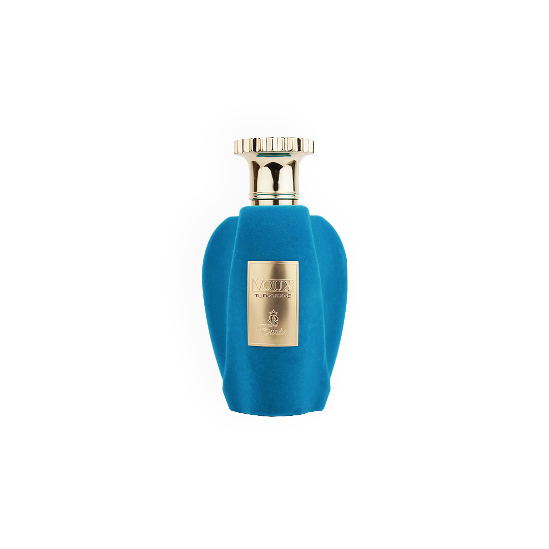 Flacon de l'Eau de Parfum Voux Turquoise Emir 100ml de Paris Corner, avec un design velouté bleu et une plaque dorée raffinée.