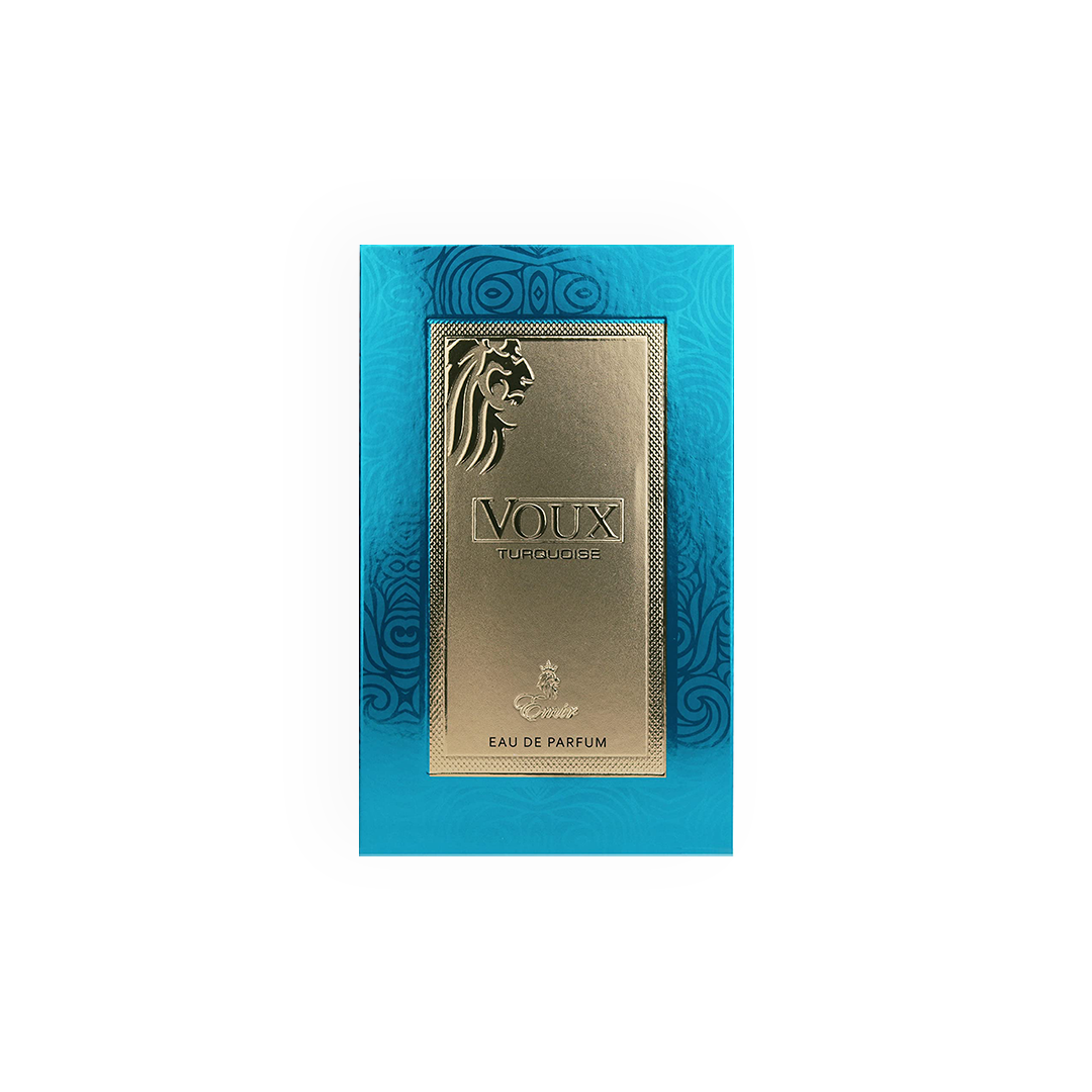 Boîte de l'Eau de Parfum Voux Turquoise Emir 100ml de Paris Corner, en bleu avec des ornements dorés et un lion stylisé.