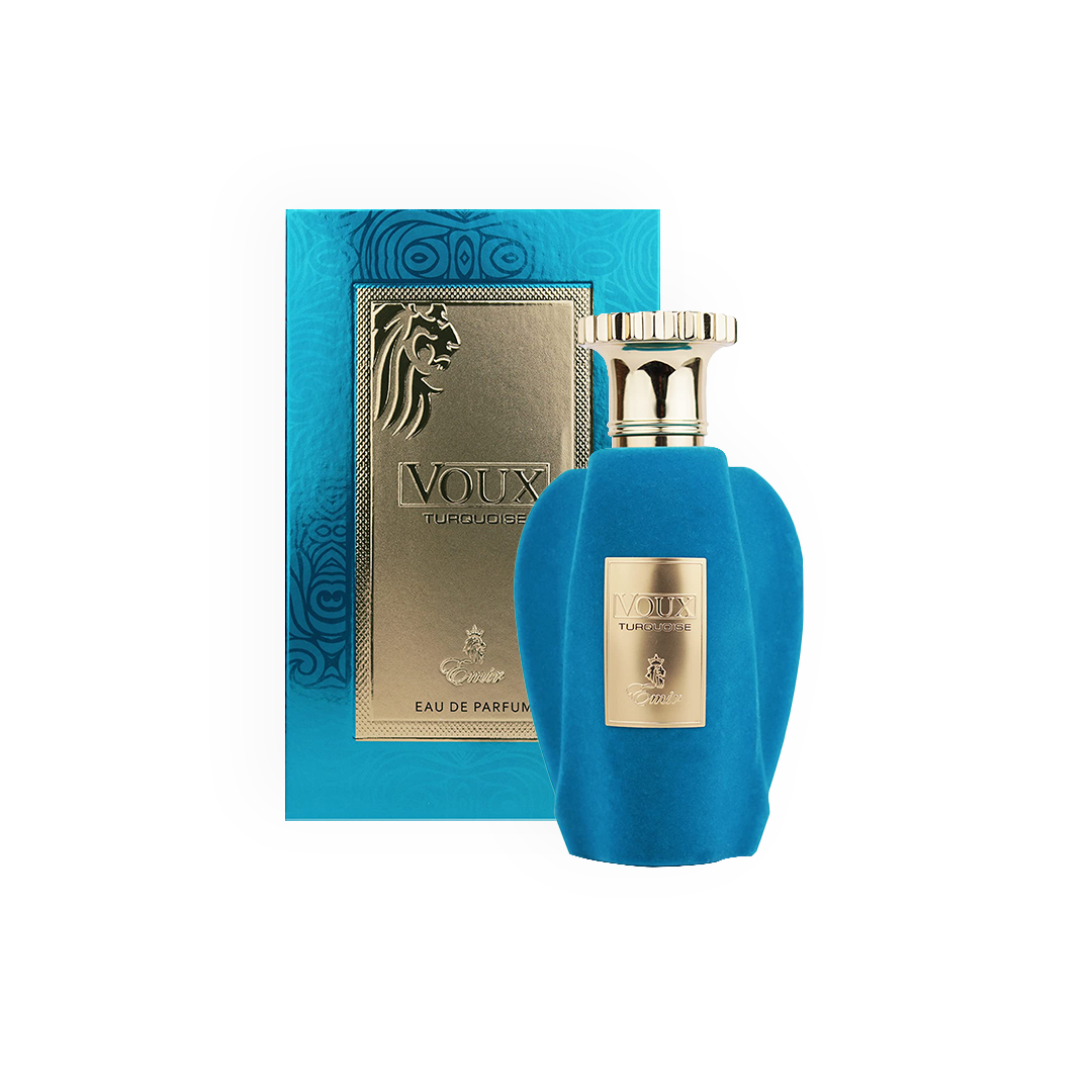 Eau de Parfum Voux Turquoise Emir 100ml de Paris Corner avec son packaging bleu élégant et doré, représentant un lion stylisé sur la boîte.