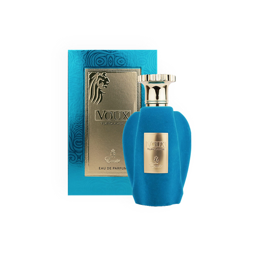 Eau de Parfum Voux Turquoise Emir 100ml de Paris Corner avec son packaging bleu élégant et doré, représentant un lion stylisé sur la boîte.