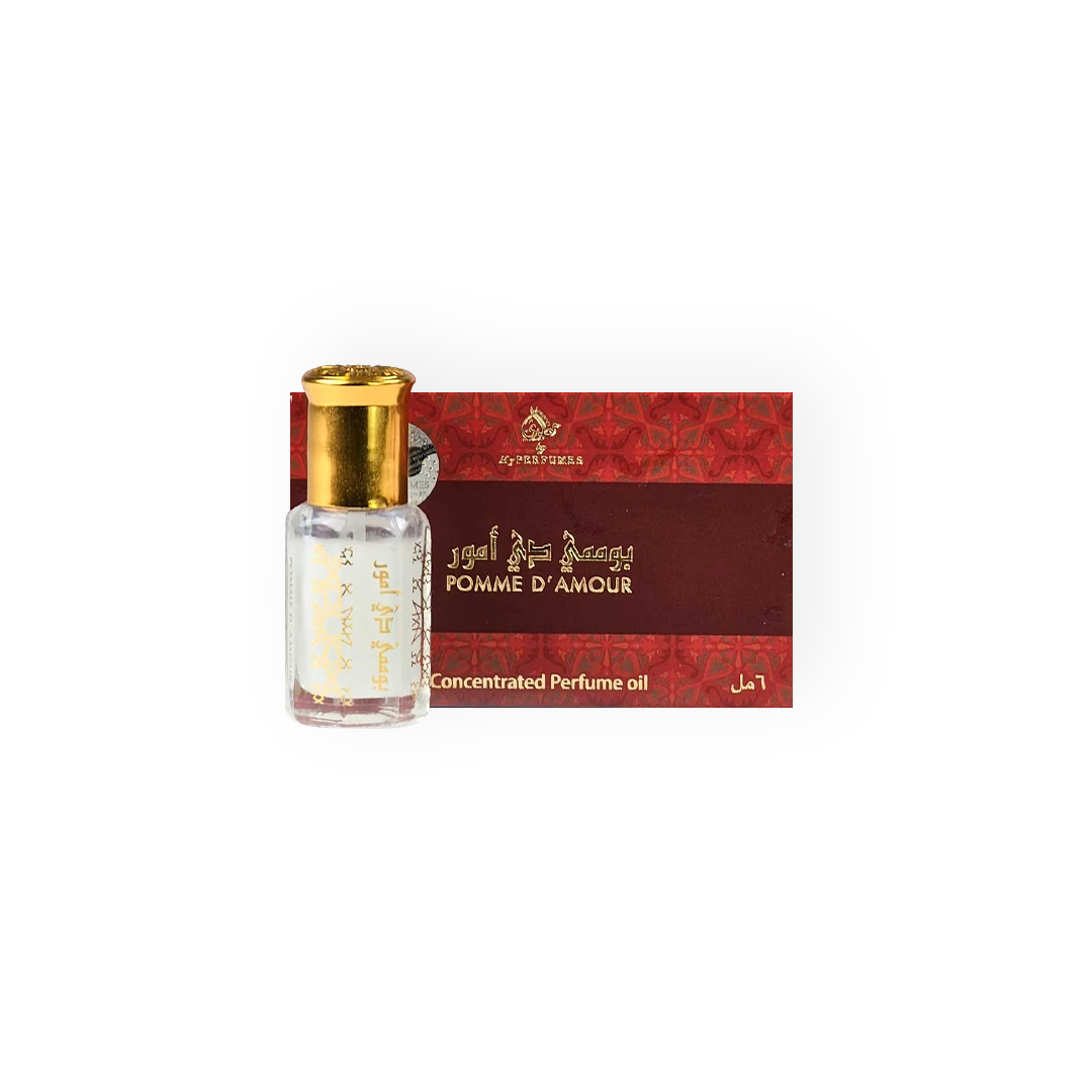 Flacon de Musc Tahara Pomme d'Amour 6ml de My Perfumes, présenté avec son emballage rouge élégant, reflétant une essence gourmande et fruitée.