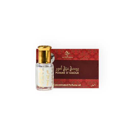 Flacon de Musc Tahara Pomme d'Amour 6ml de My Perfumes, présenté avec son emballage rouge élégant, reflétant une essence gourmande et fruitée.