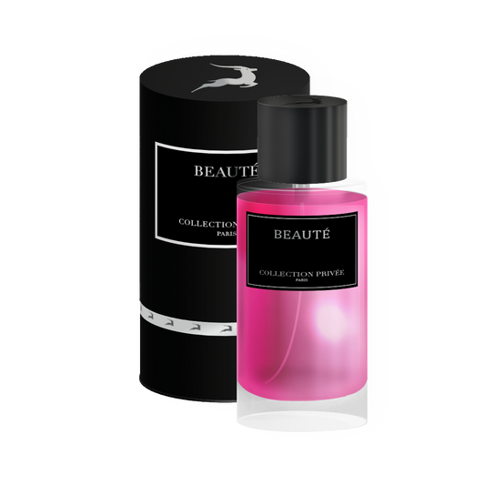 Présentation packshot du parfum "Beauté", édition Gazelle, avec le flacon et sa boîte noire assortie.