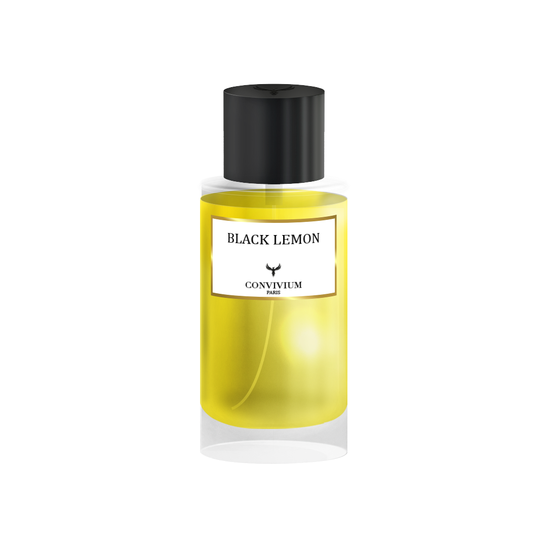 Bouteille de parfum "Black Lemon Edition Eigle" (50ml) de la Collection Privée, en verre transparent avec un liquide jaune vif et un bouchon noir.