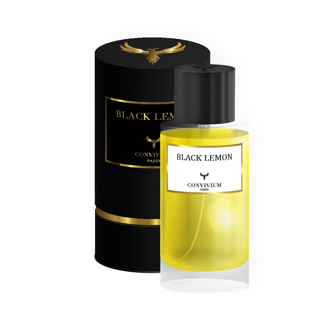 Packshot du parfum "Black Lemon Edition Eigle" (50ml) de la Collection Privée, contenant la boîte cylindrique noire avec des accents dorés et la bouteille de parfum transparente avec du liquide jaune.