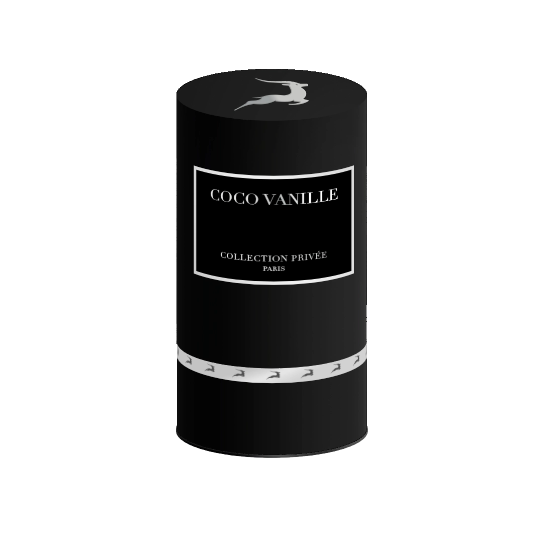 Image d'une boîte noire sophistiquée pour le parfum Coco Vanille de la Collection Privée. La boîte est ornée d'un logo blanc et d'un bandeau argenté élégant.