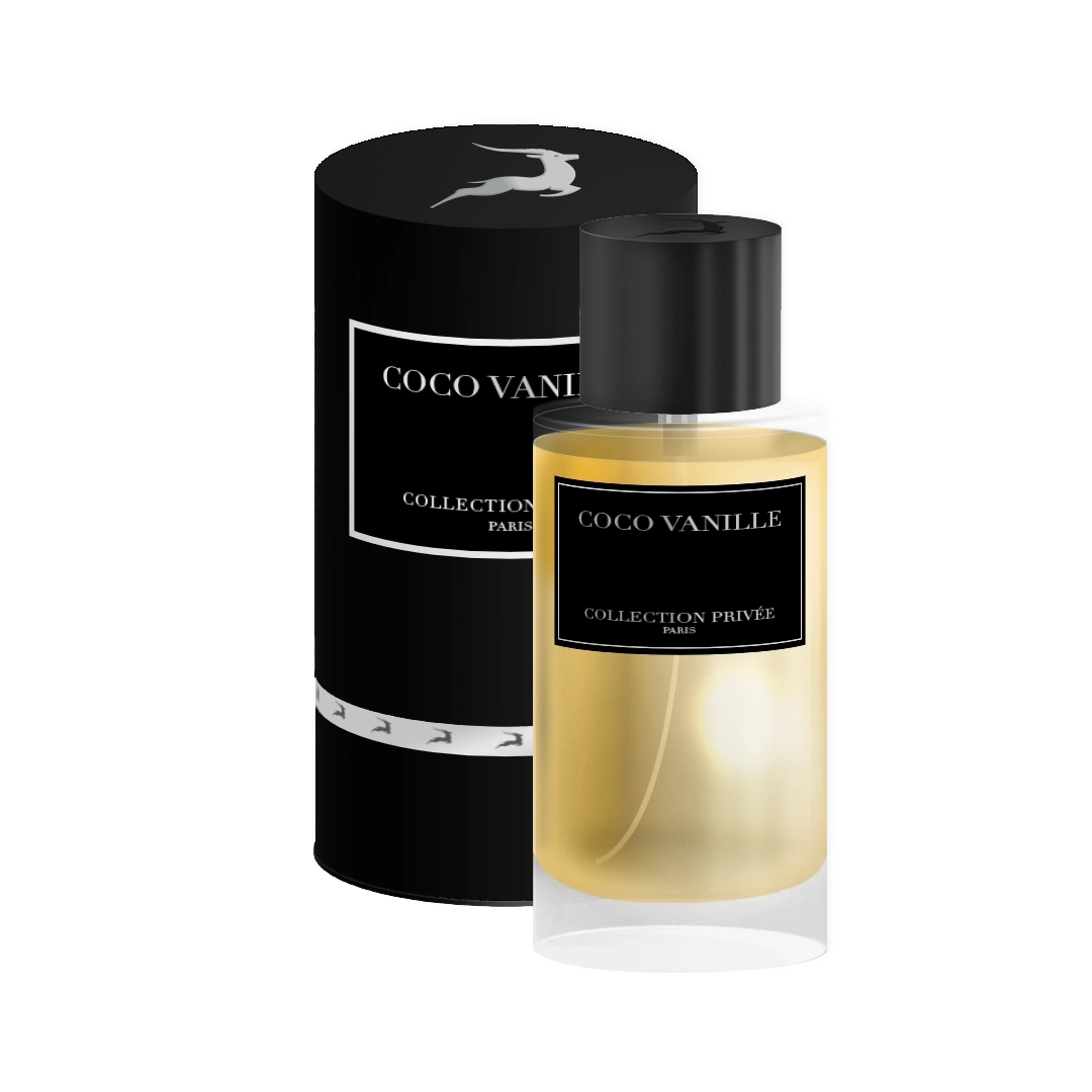 Packshot du parfum Coco Vanille de la Collection Privée. La bouteille dorée est positionnée devant une boîte noire, soulignant le contraste entre le liquide lumineux et l'emballage raffiné.