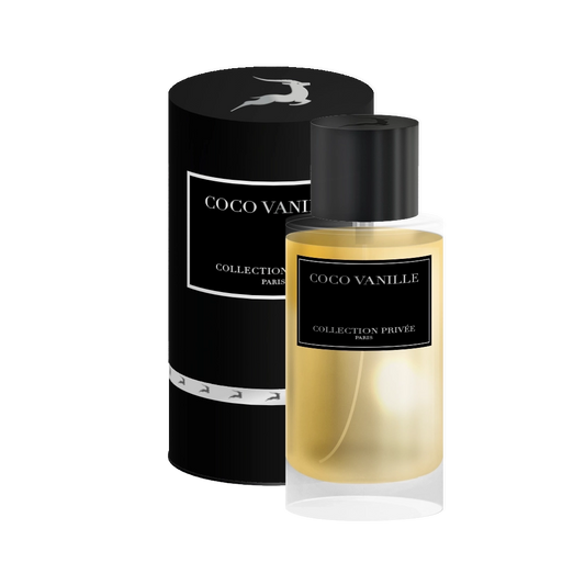 Packshot du parfum Coco Vanille de la Collection Privée. La bouteille dorée est positionnée devant une boîte noire, soulignant le contraste entre le liquide lumineux et l'emballage raffiné.