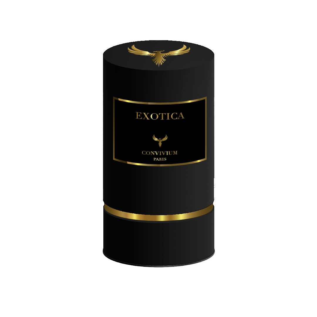 Boîte luxueuse noire et dorée du parfum Exotica 50ml, Collection Privée.