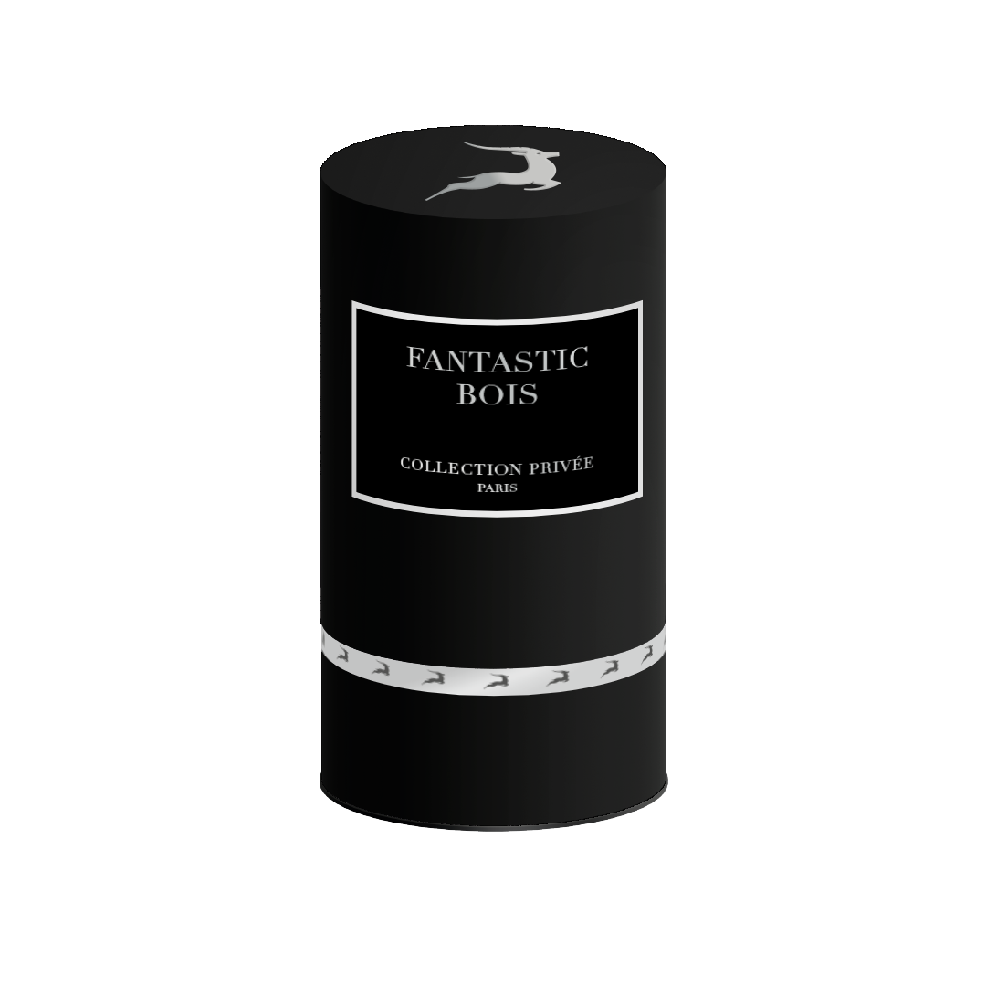 Boîte seule du parfum Fantastic Bois, Collection Privée Gazelle 50ml. Boîte cylindrique noire avec des accents argentés et l'inscription "Fantastic Bois".