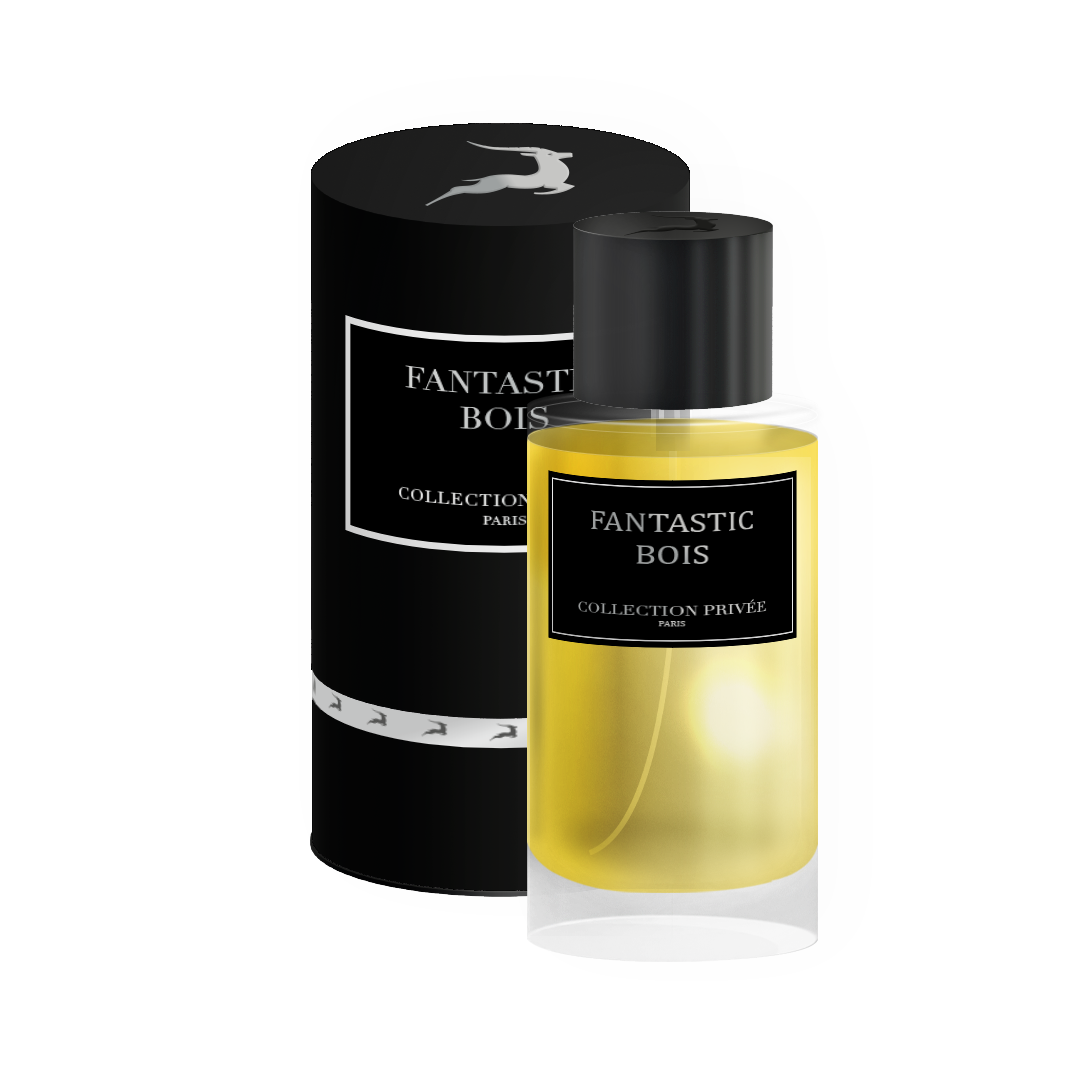 Packshot complet du parfum Fantastic Bois, Collection Privée Gazelle 50ml. Un flacon doré transparent accompagné de son packaging noir élégant portant l'inscription "Fantastic Bois".