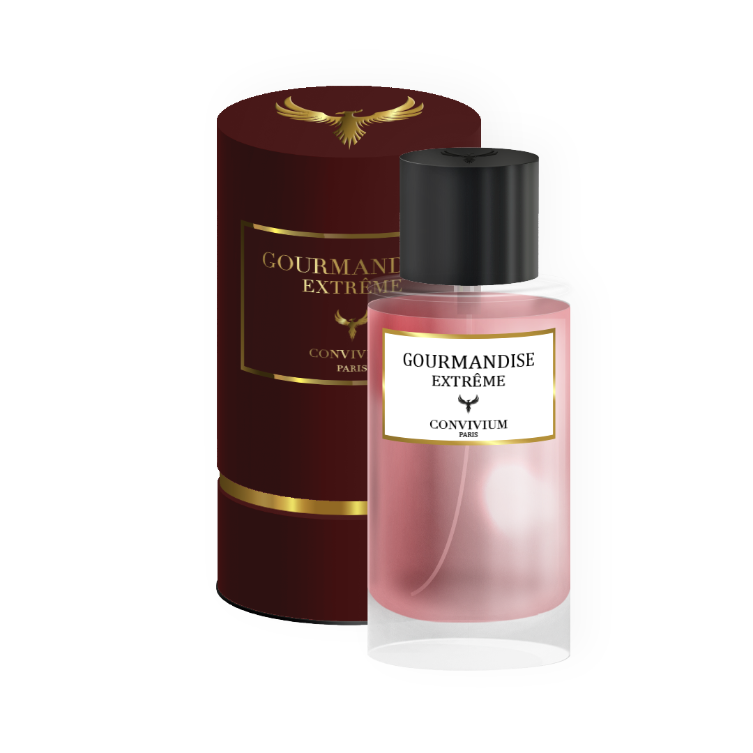 Packshot du parfum Gourmandise Extrême, Edition Eigle 50ml - Collection Privée, montrant la bouteille et l'emballage de couleur rouge avec des détails dorés.