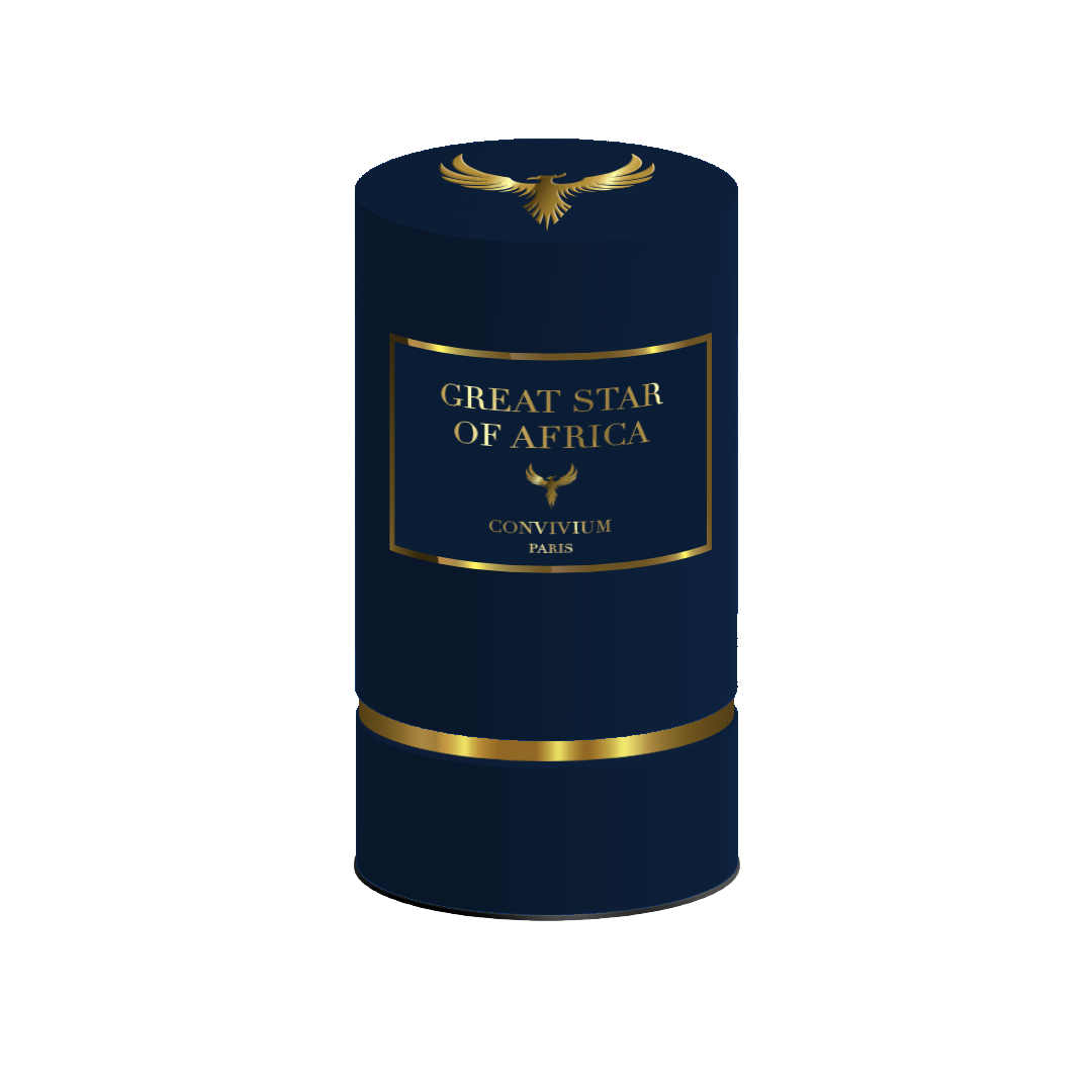 Boîte cylindrique élégante bleu marine du parfum Great Star of Africa par Collection Privée, ornée de détails dorés et du logo de la marque.