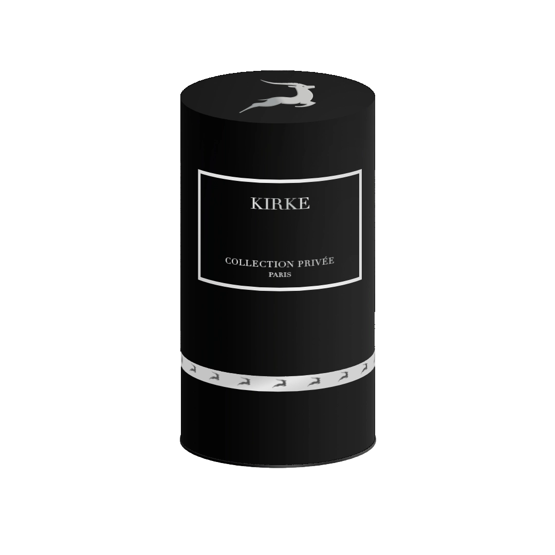 Boîte du parfum Kirke Edition Gazelle 50ml de la Collection Privée, noire avec des détails blancs et un motif élégant.