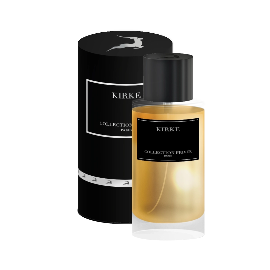 Packshot du parfum Kirke Edition Gazelle 50ml de la Collection Privée, une élégance intemporelle en flacon doré avec un écrin noir sophistiqué.