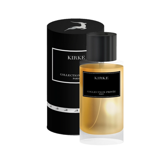 Packshot du parfum Kirke Edition Gazelle 50ml de la Collection Privée, une élégance intemporelle en flacon doré avec un écrin noir sophistiqué.