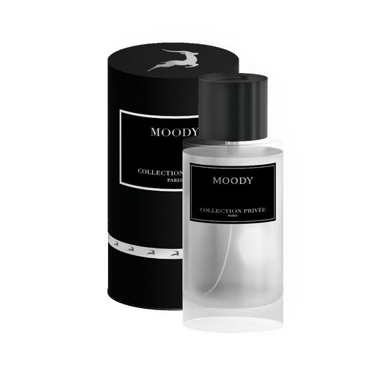 Packshot du parfum Moody de la Collection Privée, édition Gazelle 50ml, montrant le flacon et sa boîte assortie.