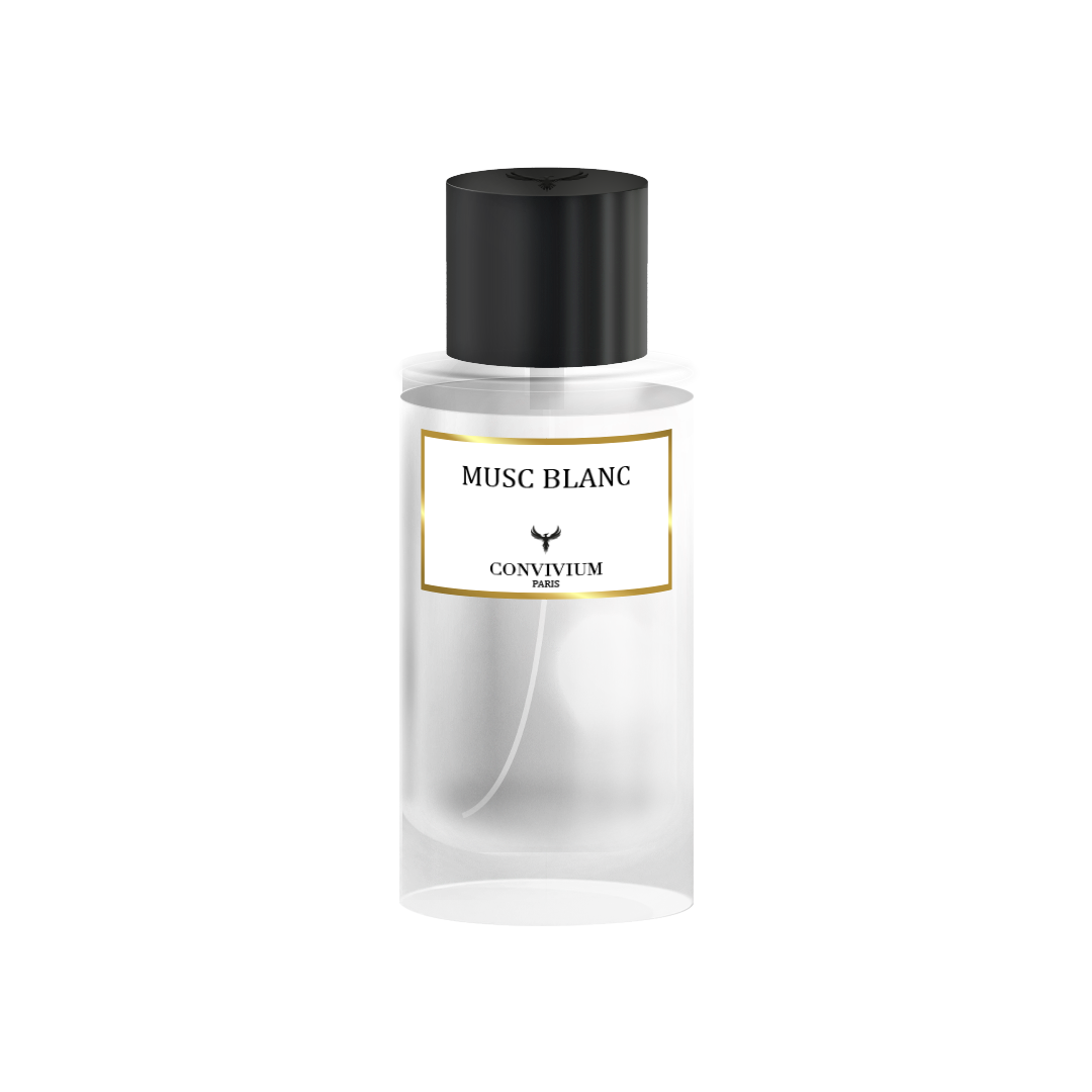 Bouteille du parfum Musc Blanc, Convivium Paris, 50ml, Collection Privée, avec un design élégant et minimaliste transparent.