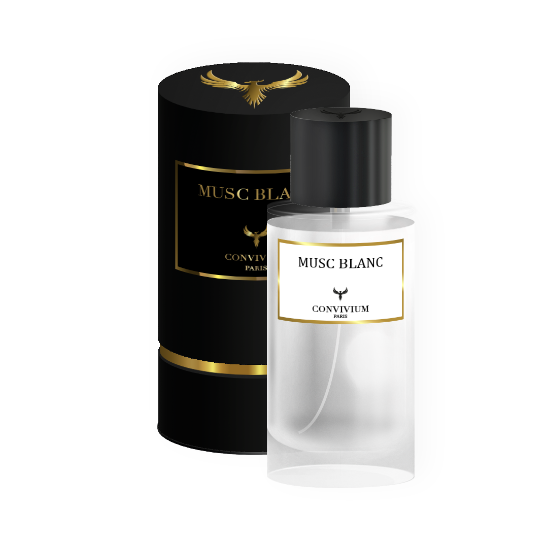 Packshot du parfum Musc Blanc, Convivium Paris, 50ml, Collection Privée, montrant la bouteille et la boîte.