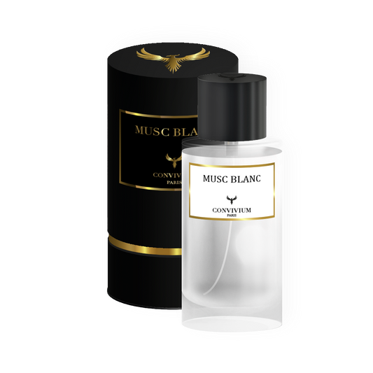 Packshot du parfum Musc Blanc, Convivium Paris, 50ml, Collection Privée, montrant la bouteille et la boîte.