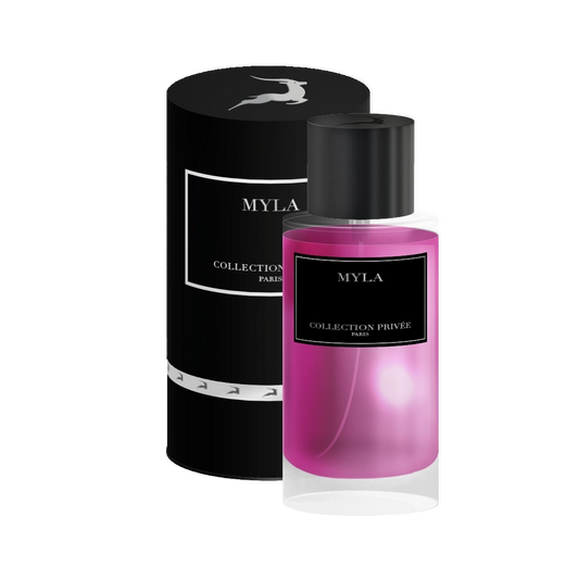 Packshot du parfum Myla, Édition Gazelle, Collection Privée, dans son emballage cylindrique noir élégant.