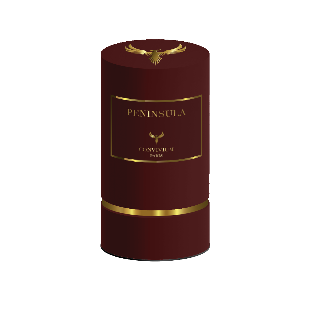 Boîte cylindrique du parfum Peninsula Edition Eigle 50ml - Collection Privée, de couleur rouge avec des finitions dorées et un logo en relief.