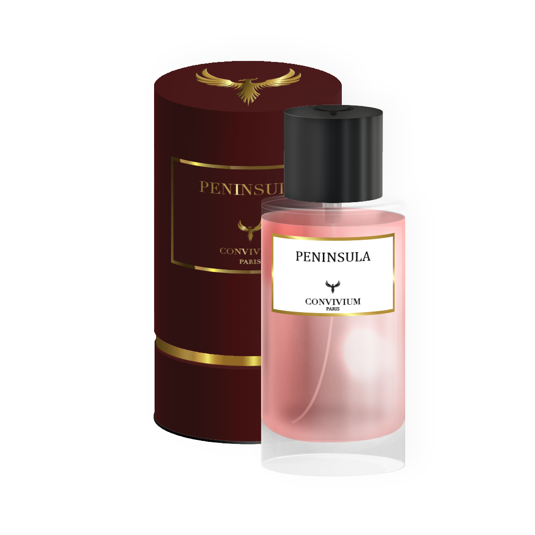 Packshot du parfum Peninsula Edition Eigle 50ml - Collection Privée, montrant le flacon rose translucide et la boîte cylindrique rouge avec des finitions dorées.