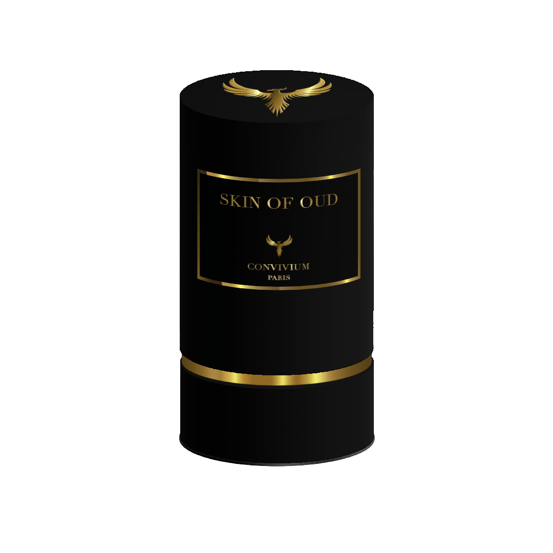 Boîte cylindrique noire et dorée du parfum Skin of Oud Edition Aigle 50ml - Collection Privée par Convivium Paris.