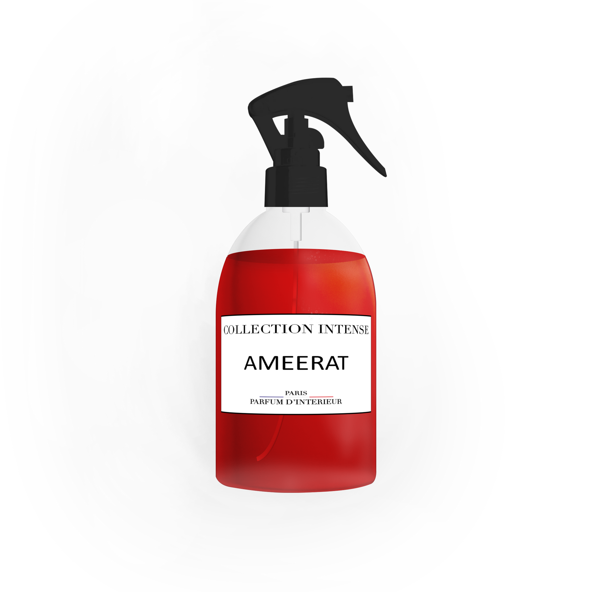 Flacon de parfum d'ambiance Ameerat 250ml de la Collection Intense, avec un design rouge vif et une étiquette élégante. Parfum d'intérieur haut de gamme pour une atmosphère raffinée.