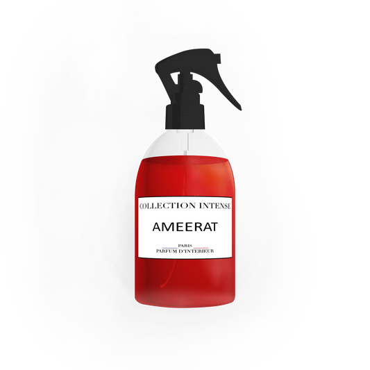 Flacon de parfum d'ambiance Ameerat 250ml de la Collection Intense, avec un design rouge vif et une étiquette élégante. Parfum d'intérieur haut de gamme pour une atmosphère raffinée.