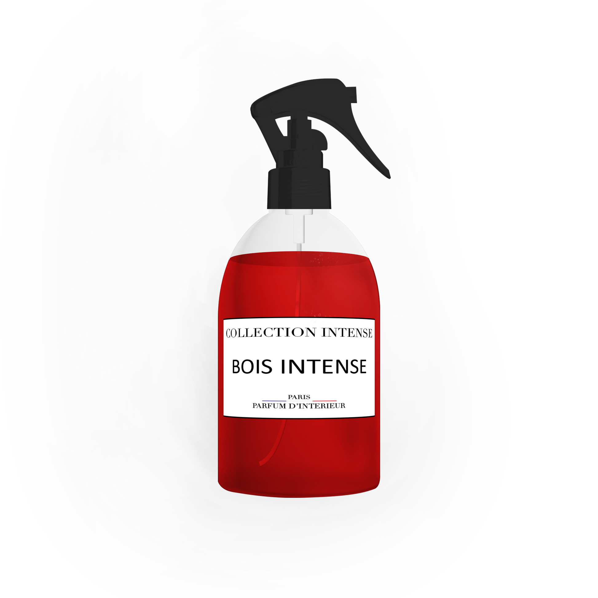 Parfum d'Ambiance Bois Intense 250ml - Collection Intense présenté dans un flacon pulvérisateur rouge élégant, idéal pour créer une ambiance chaleureuse et boisée dans votre intérieur.