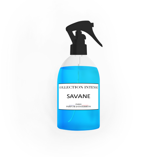 arfum d'Ambiance Savane 250ml - Collection Intense, dans un flacon pulvérisateur bleu éclatant, parfait pour apporter une touche de fraîcheur exotique à votre intérieur.